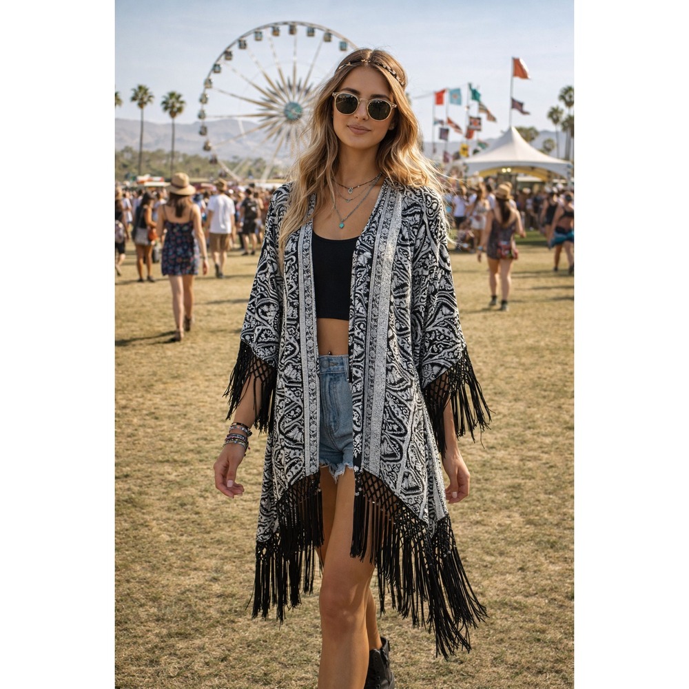 En Crème Women's Sheer Fringe Tribal Print Long Kimono Cardigan Black White S